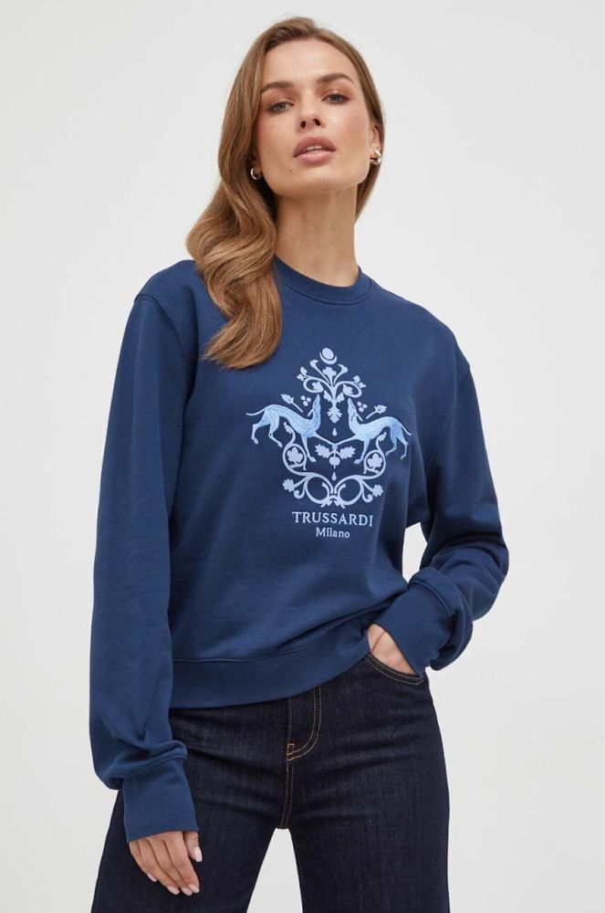 Бавовняна кофта Trussardi жіноча колір синій з принтом (3686284)
