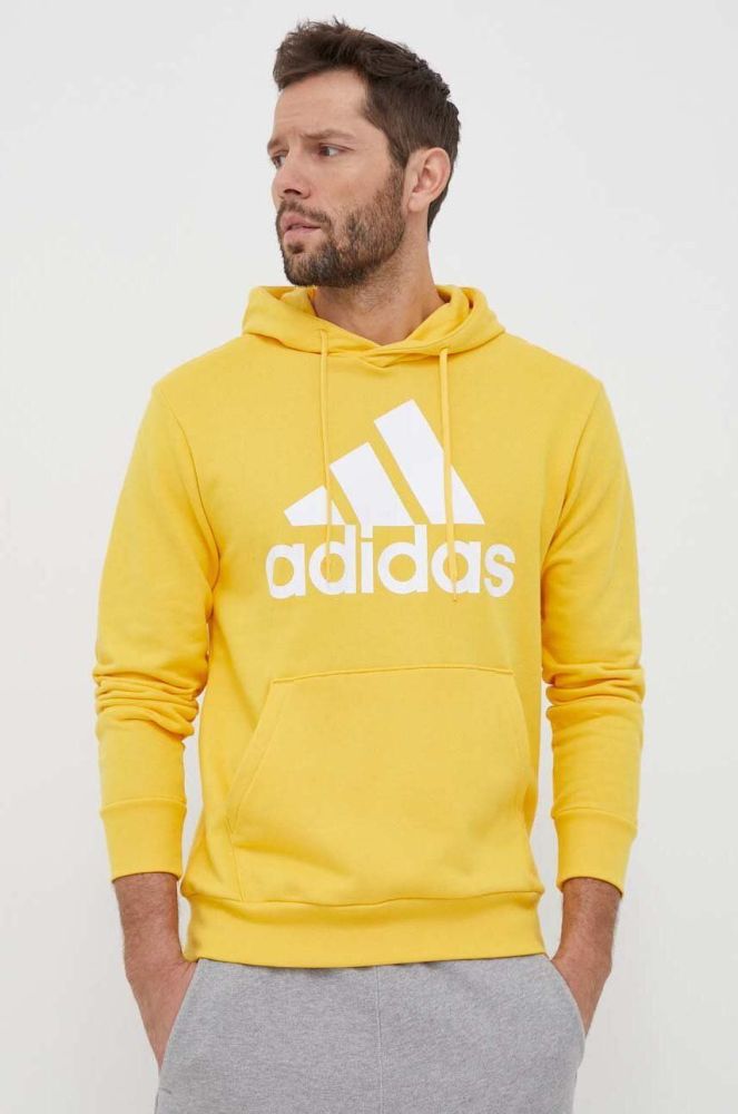 Бавовняна кофта adidas чоловіча колір жовтий з капюшоном з принтом